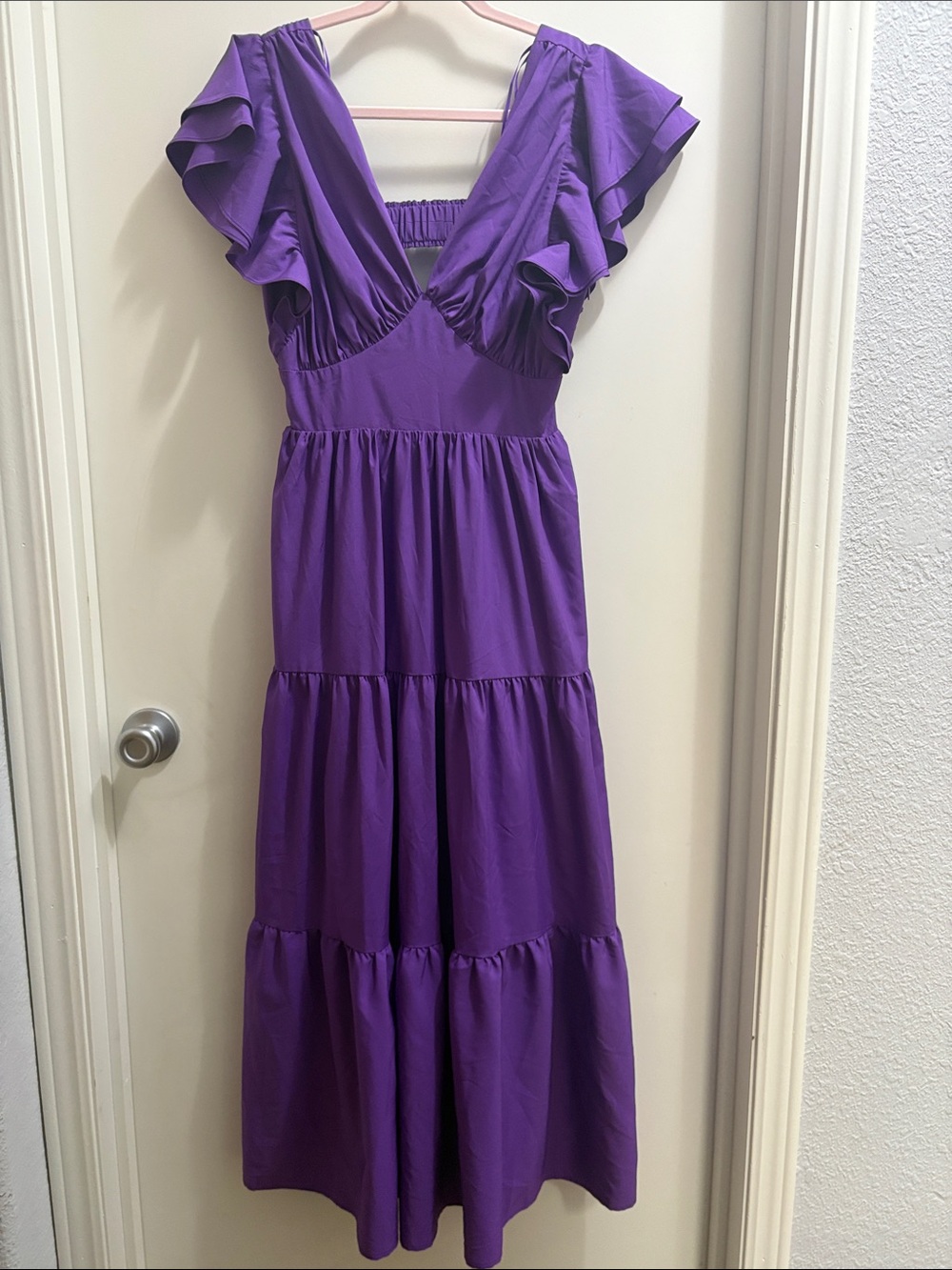 English Factory Violet Ruffle-Sleeve Tiered Maxi Dress